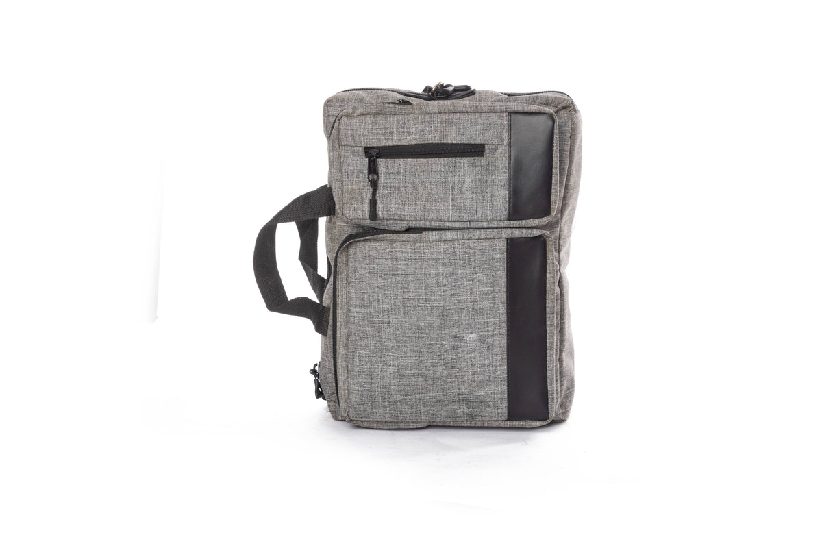 A grey multi-pocket laptop backpack open to show the padded laptop compartment