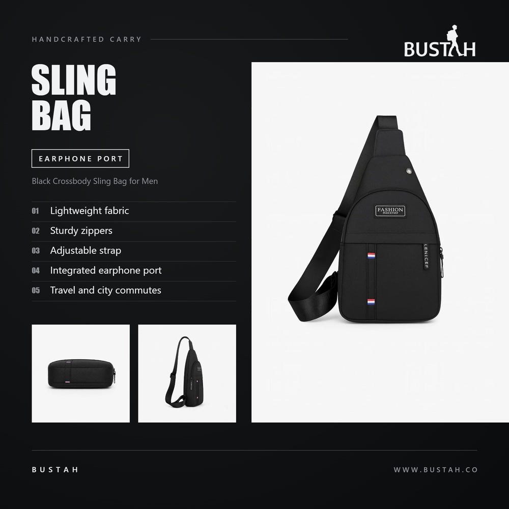 Bustah black crossbody sling bag for men with sturdy zippers, adjustable strap and integrated earphone port