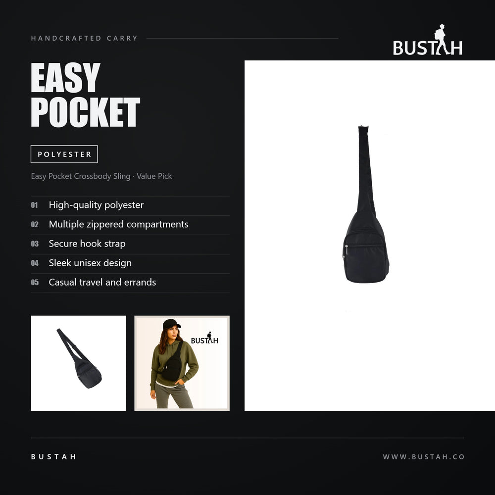 Bustah Easy Pocket black polyester crossbody sling bag with multiple zippered compartments and secure hook strap