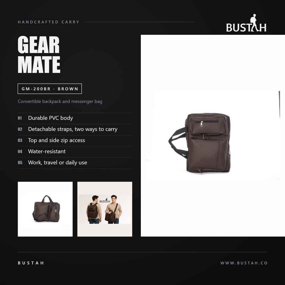 Bustah Gear Mate GM-200BR brown PVC convertible backpack and messenger bag with detachable straps and top and side zip access