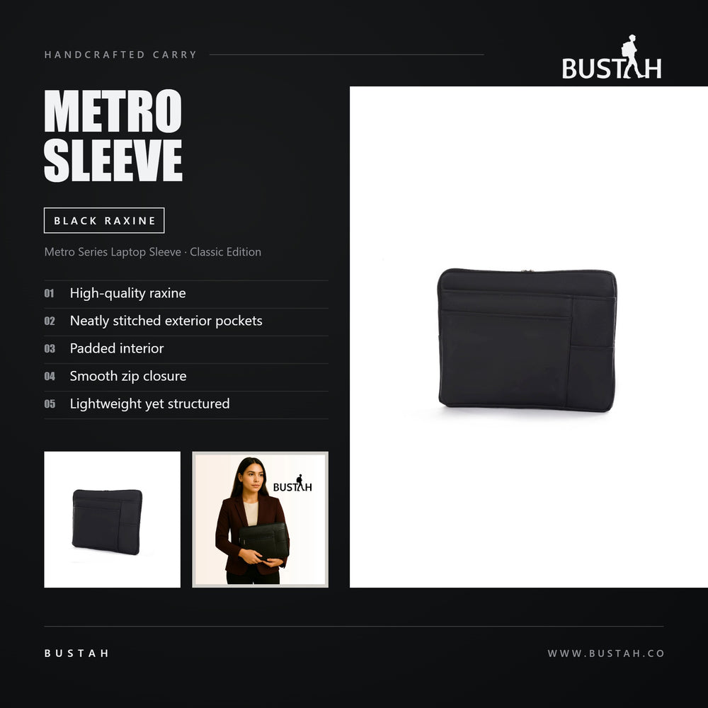 Bustah Metro Series laptop sleeve in black raxine with neatly stitched exterior pockets and padded interior