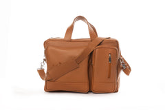 A tan brown full-grain leather convertible backpack messenger bag