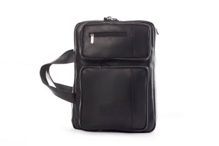 A black full-grain leather convertible backpack messenger bag