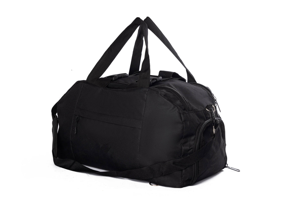 A black lightweight travel and gym duffle bag