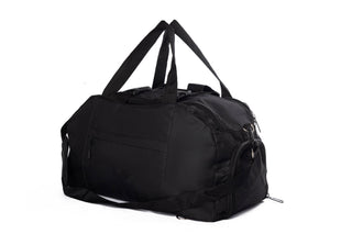 A black lightweight travel and gym duffle bag