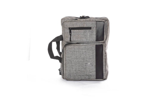A grey multi-pocket laptop backpack open to show the padded laptop compartment