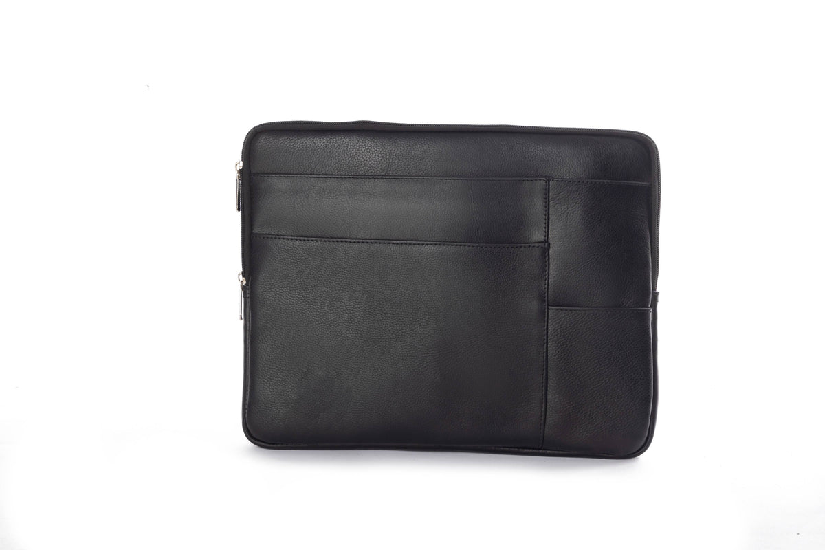 Close view of a black leather laptop sleeve showing stitching and edge finishing