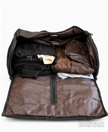 Suit carrier travel bag opened flat with blazer inside
