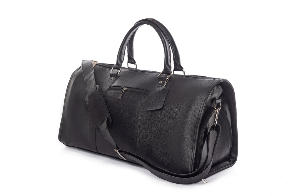 Bustah black genuine leather travel duffle bag – front view
