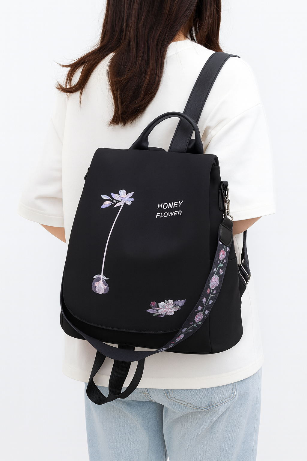 Black Floral Embroidered Convertible Backpack for Women – Stylish & Versatile Daypack