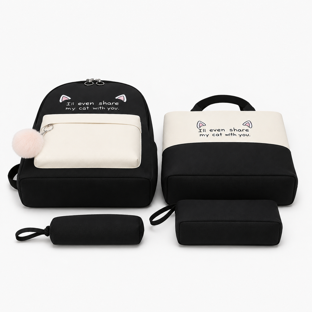 Black 4-in-1 Cute School Backpack Set – Backpack, Tote, Pouch & Pencil Case