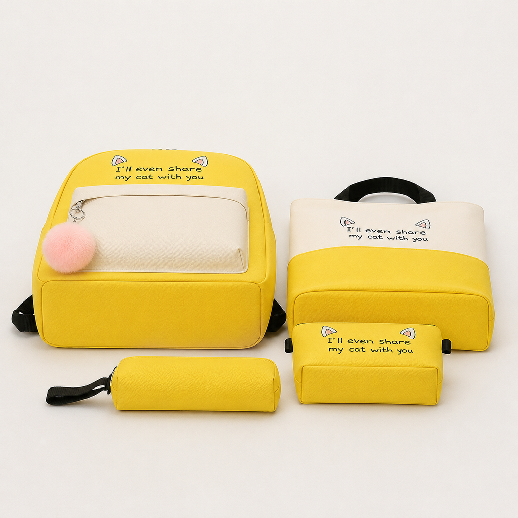 Yellow 4-in-1 Cute School Backpack Set – Backpack, Tote, Pencil Case & Pouch
