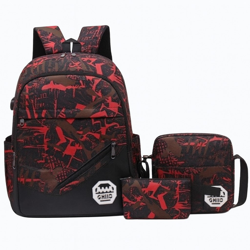 Red Camo 3-in-1 School Backpack Set for Boys – With USB Port, Crossbody & Pouch