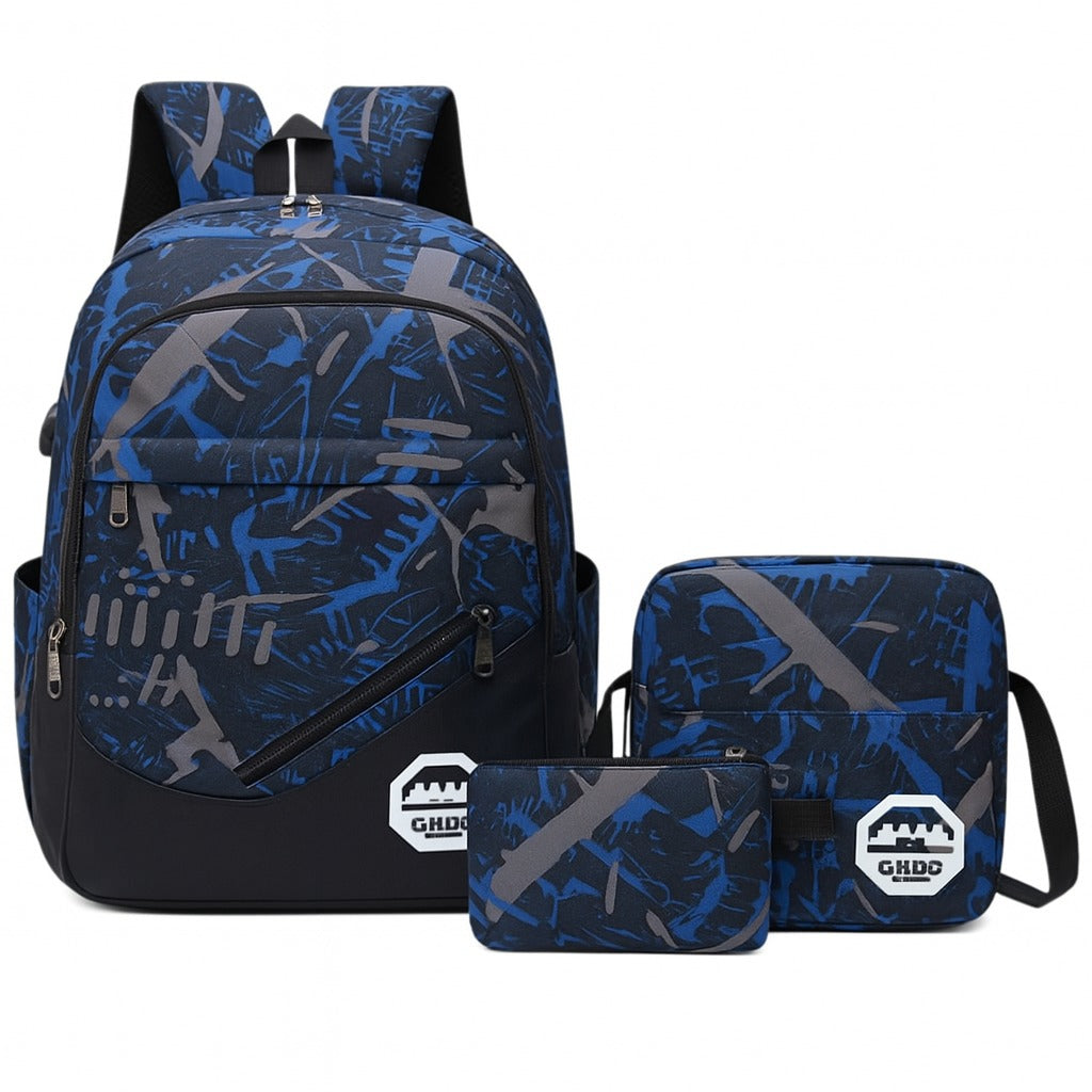 Blue Camo 3-in-1 School Backpack Set for Boys – USB Charging Port + Sling Bag & Pouch