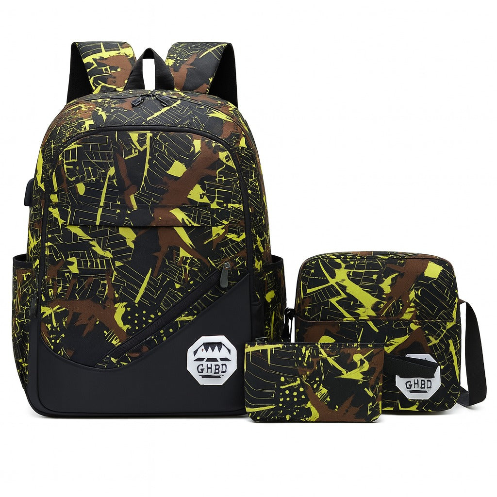 Yellow Camo 3-in-1 Boys’ School Backpack Set – USB Charging Port, Sling Bag & Pouch