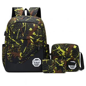 Yellow Camo 3-in-1 Boys’ School Backpack Set – USB Charging Port, Sling Bag & Pouch