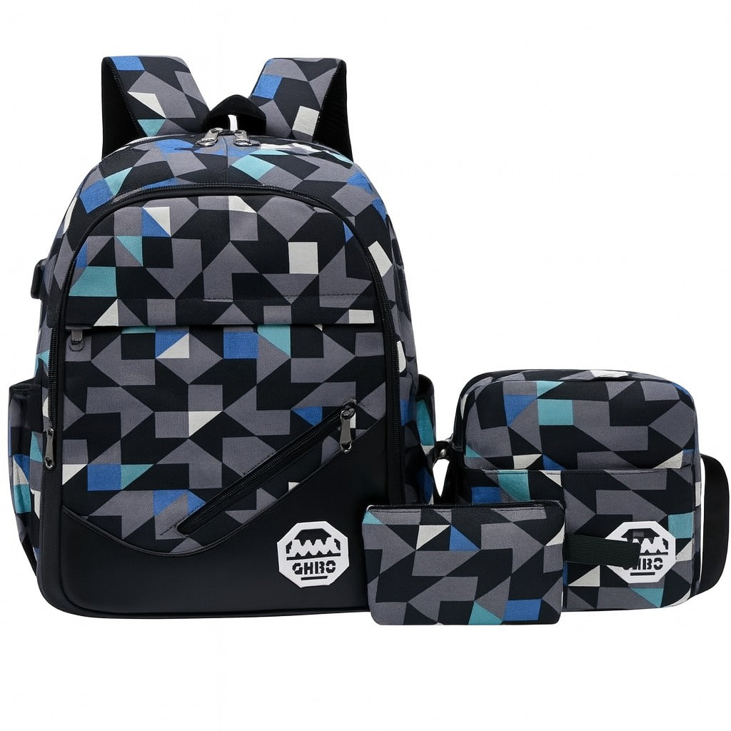 Geometric 3-in-1 Boys’ School Backpack Set – USB Charging Port + Sling Bag & Pouch