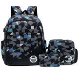 Geometric 3-in-1 Boys’ School Backpack Set – USB Charging Port + Sling Bag & Pouch