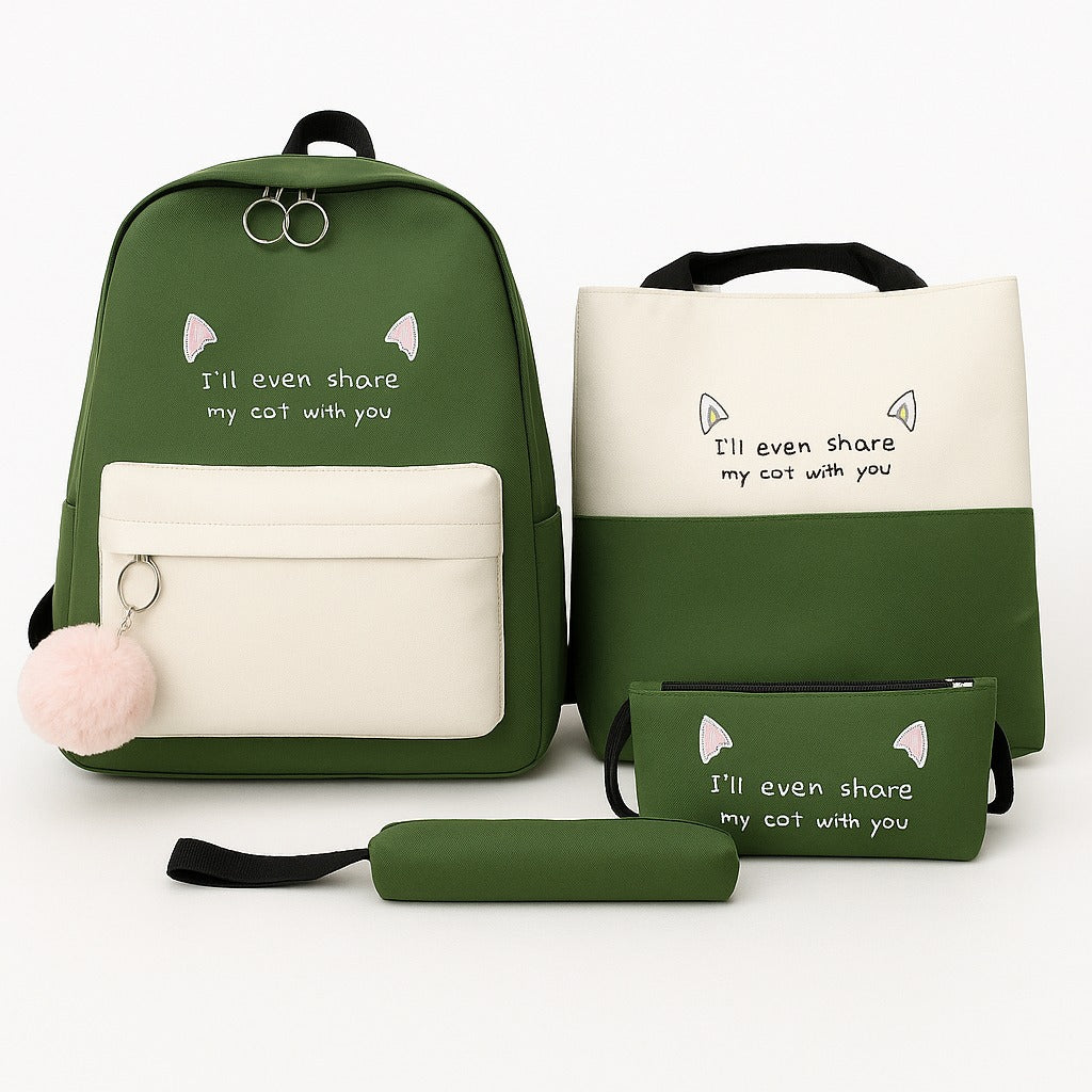 Green 4-in-1 Cute School Backpack Set – Backpack, Tote, Pouch & Pencil Case