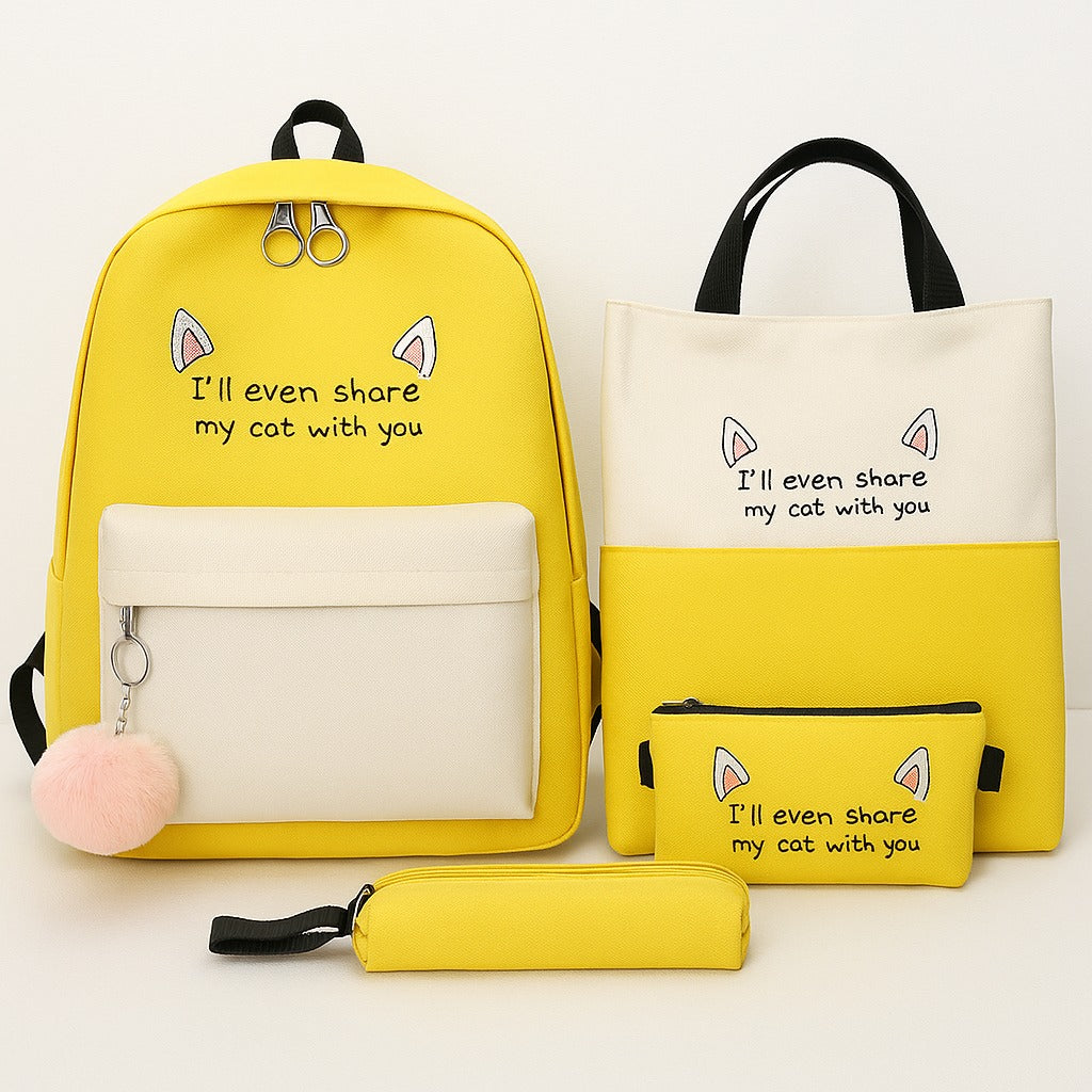 Yellow 4-in-1 Cute School Backpack Set – Backpack, Tote, Pencil Case & Pouch