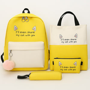 Yellow 4-in-1 Cute School Backpack Set – Backpack, Tote, Pencil Case & Pouch