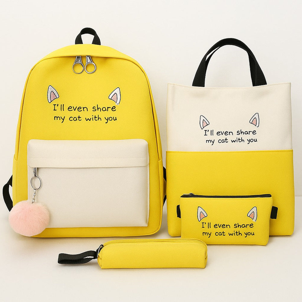 Bustah yellow 4-in-1 cat school backpack set – all pieces