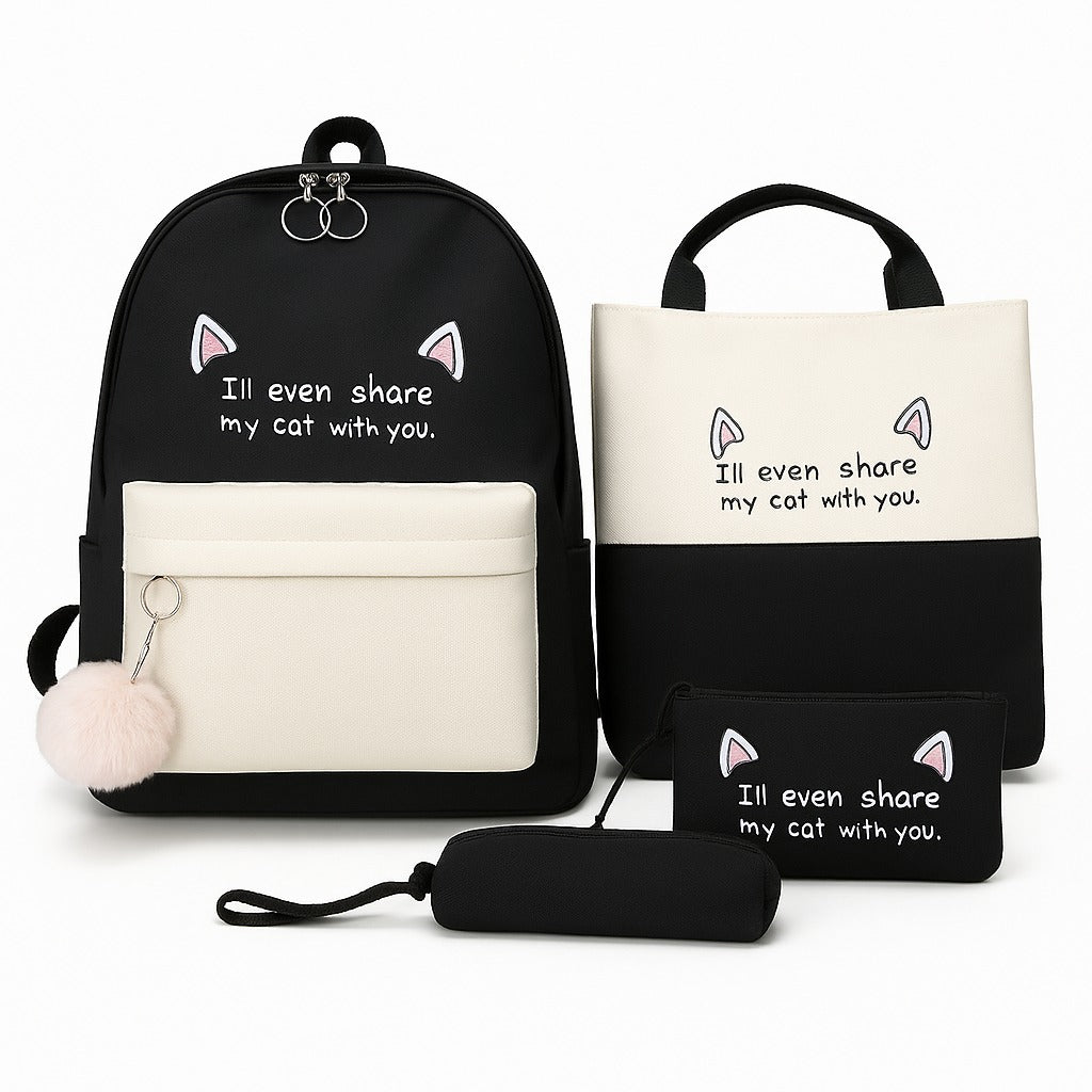 Black 4-in-1 Cute School Backpack Set – Backpack, Tote, Pouch & Pencil Case