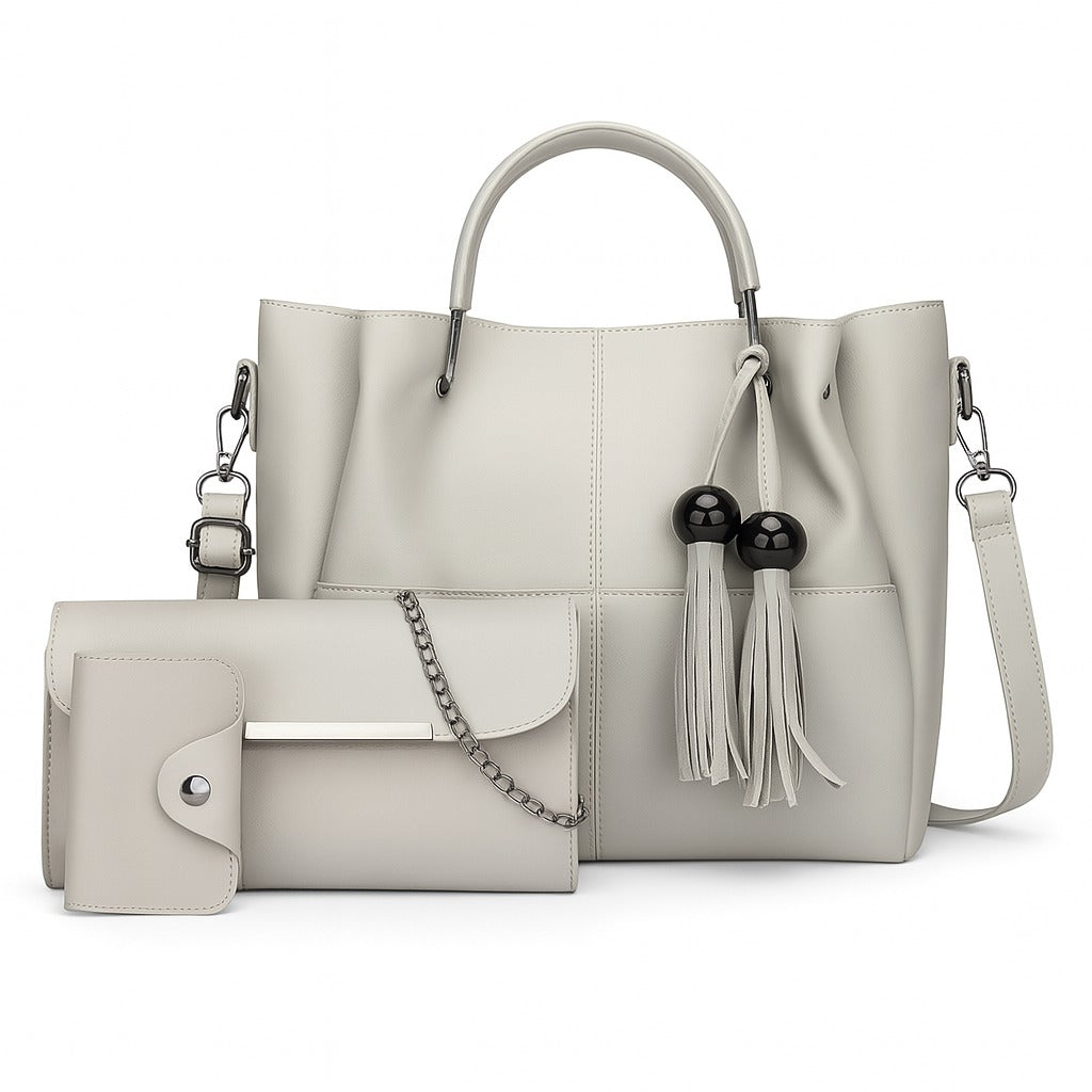 Ivory White 3-in-1 Women’s Handbag Set – Faux Leather Tote, Clutch & Card Holder with Tassels