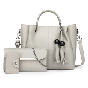 Ivory White 3-in-1 Women’s Handbag Set – Faux Leather Tote, Clutch & Card Holder with Tassels