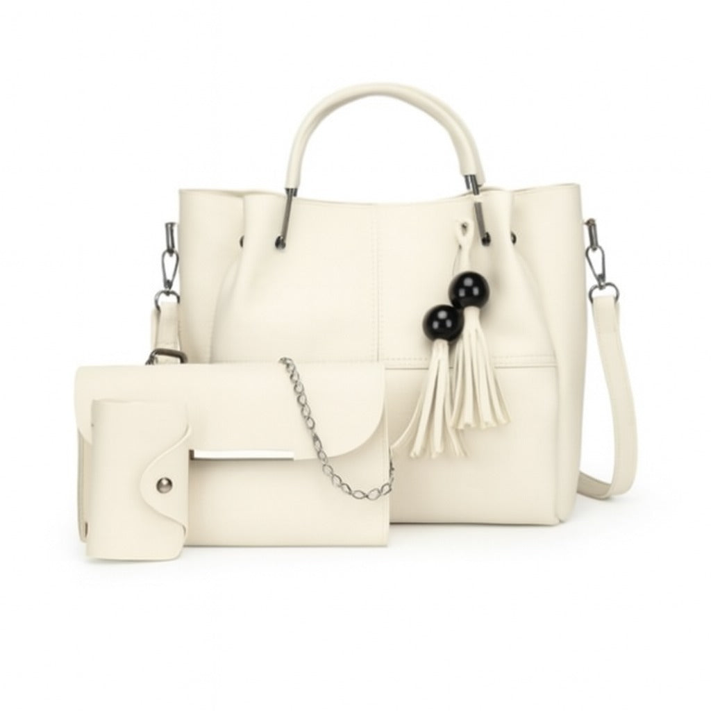 Cream White 3-in-1 Women’s Handbag Set – Faux Leather Tote, Chain Clutch & Card Holder