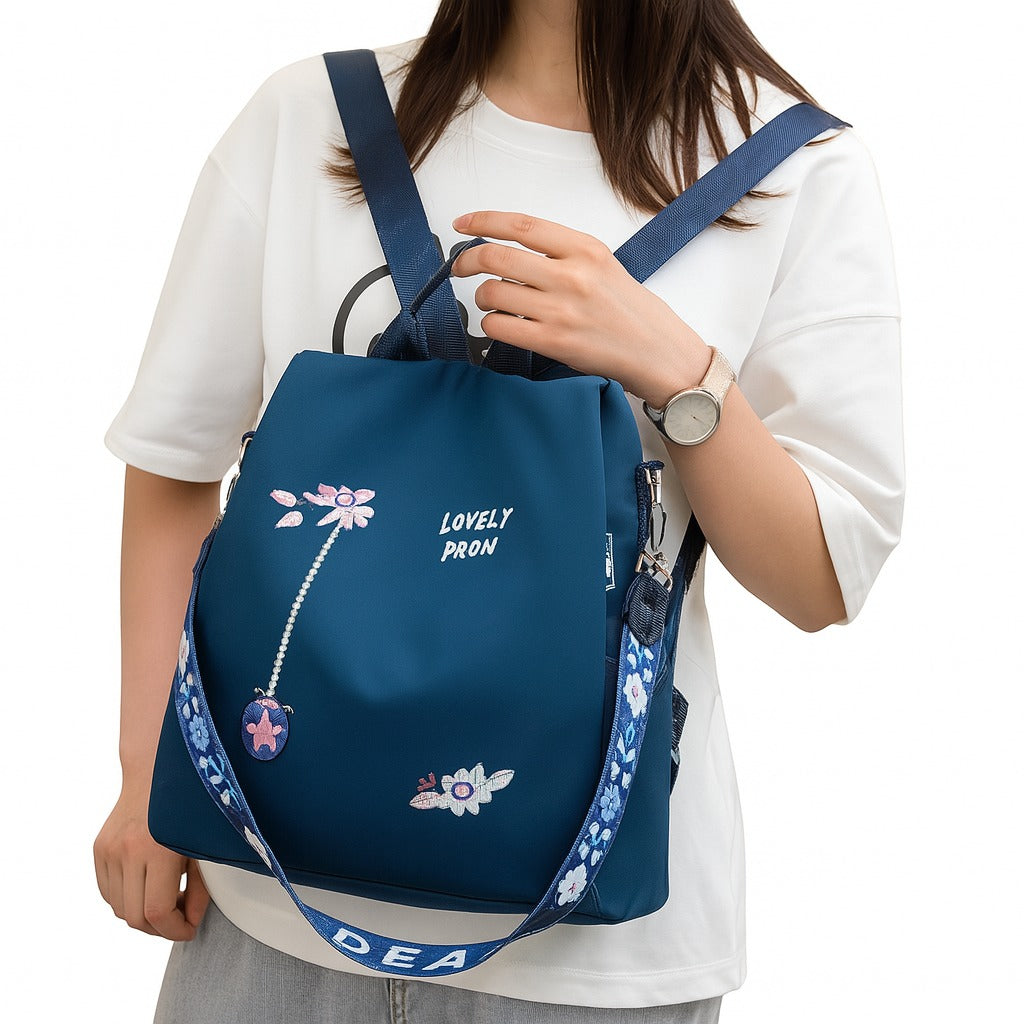Floral Embroidered Convertible Backpack for Women – Navy Blue | Stylish & Multi-Functional