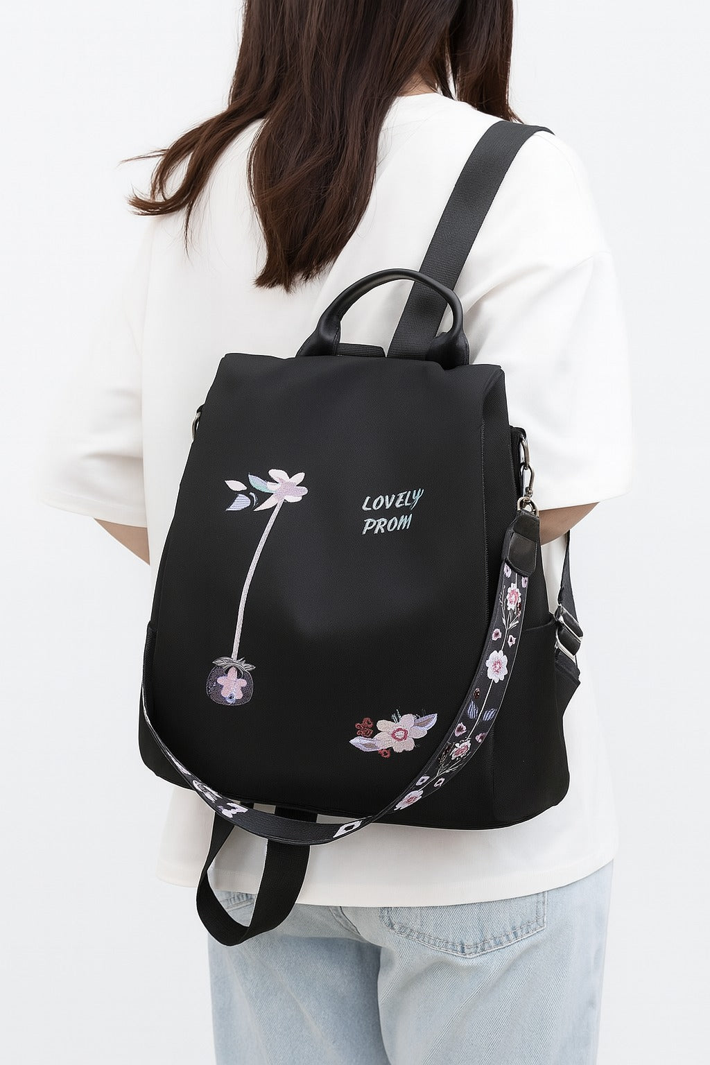 Black Floral Embroidered Convertible Backpack for Women – Stylish & Versatile Daypack