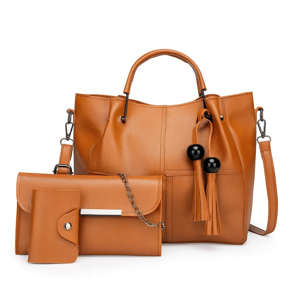 Tan Brown 3-in-1 Tote Bag Set for Women – Premium Faux Leather Handbag, Clutch & Card Holder