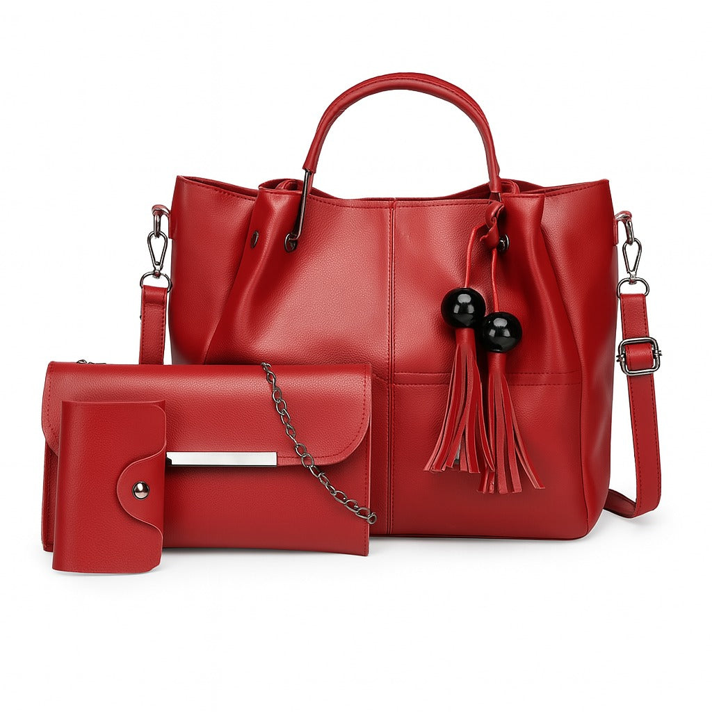 Red 3-in-1 Women’s Handbag Set – Faux Leather Tote, Clutch & Card Holder with Tassel Detail
