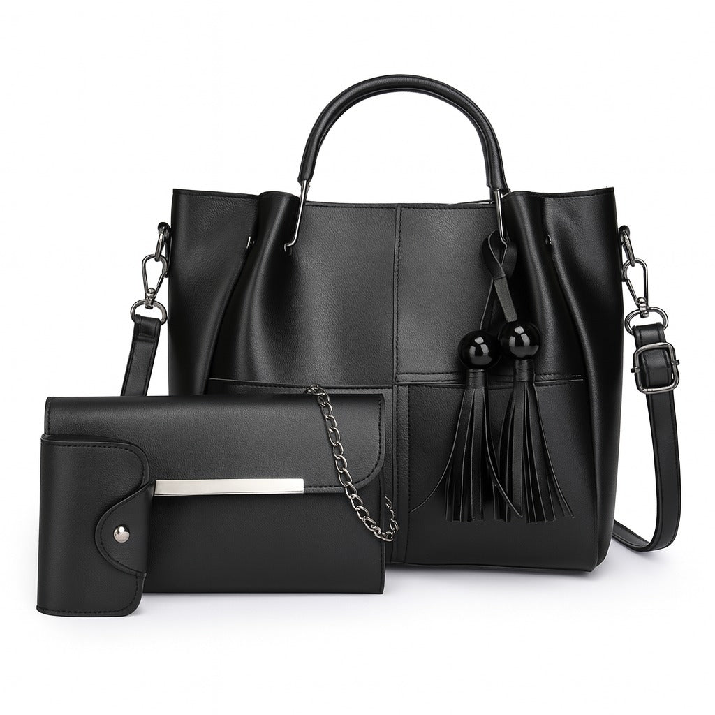 Black 3-in-1 Women’s Handbag Set – Elegant Faux Leather Tote, Clutch & Card Holder