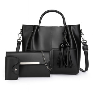 Black 3-in-1 Women’s Handbag Set – Elegant Faux Leather Tote, Clutch & Card Holder