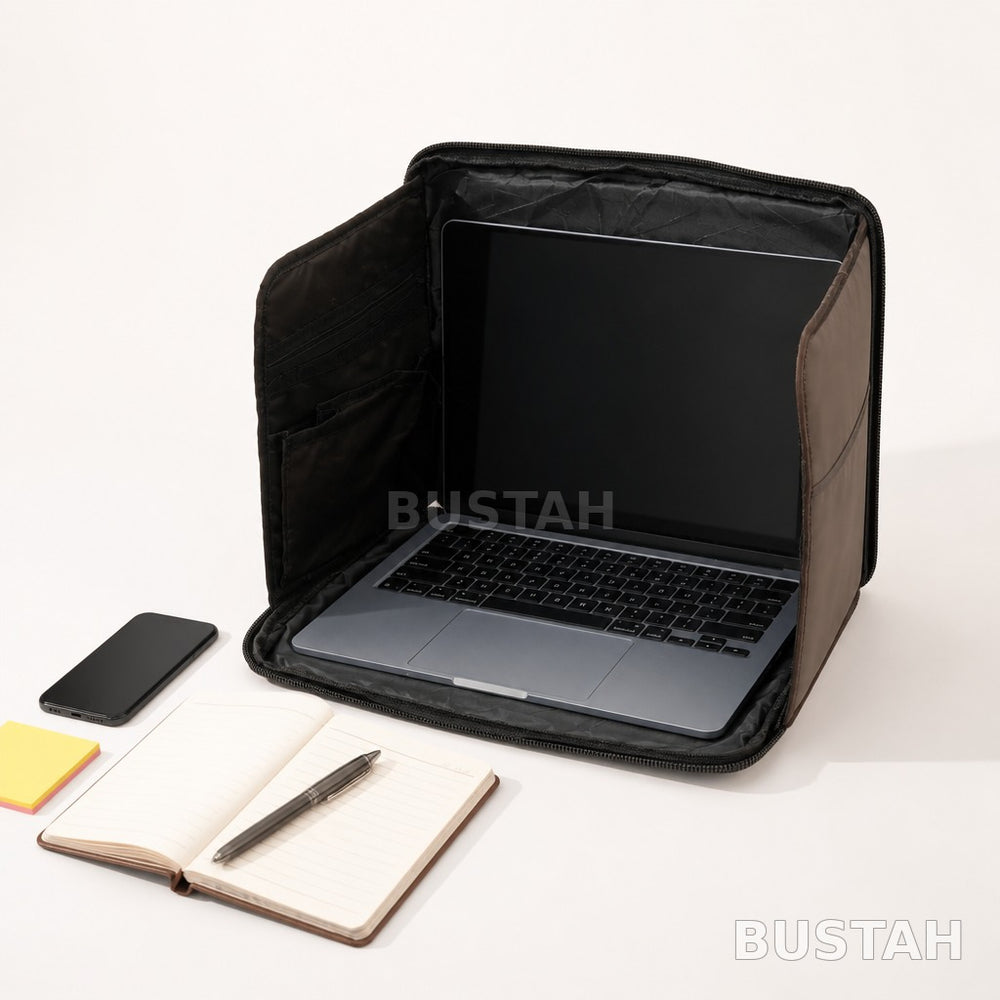 Laptop sleeve privacy screen open around a MacBook