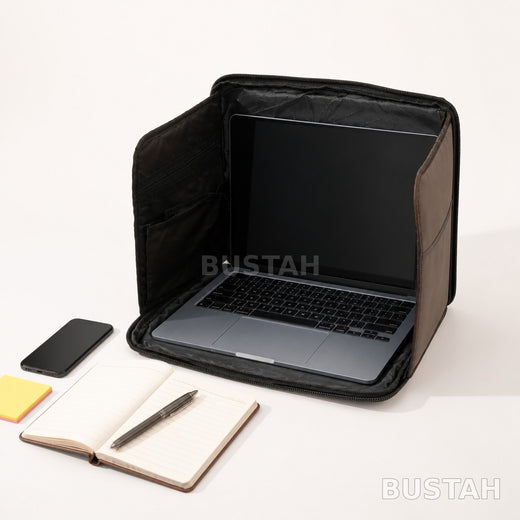Laptop sleeve privacy screen open around a MacBook