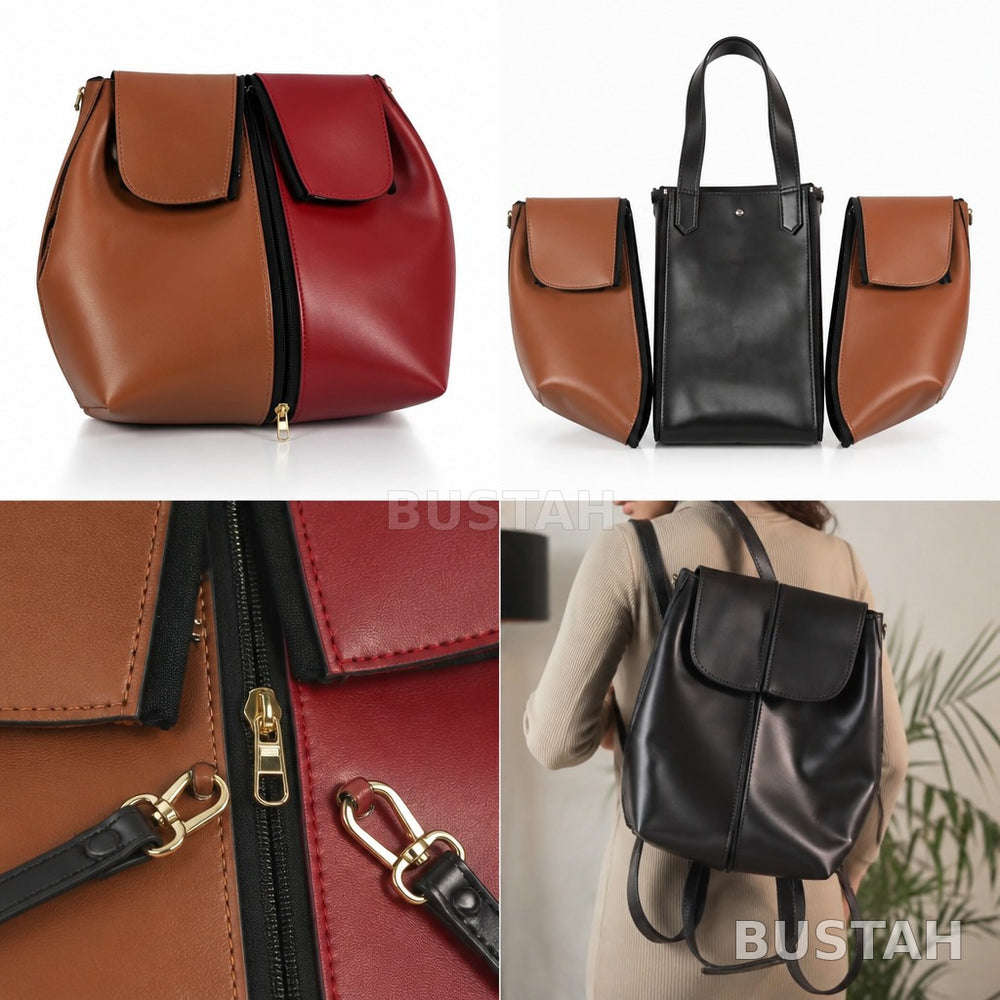 Modular tote bag side modules in tan and red with black centre