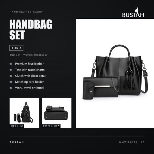 Bustah black 3-in-1 women's handbag set in faux leather - tote with tassel charm, clutch with chain detail and matching card holder