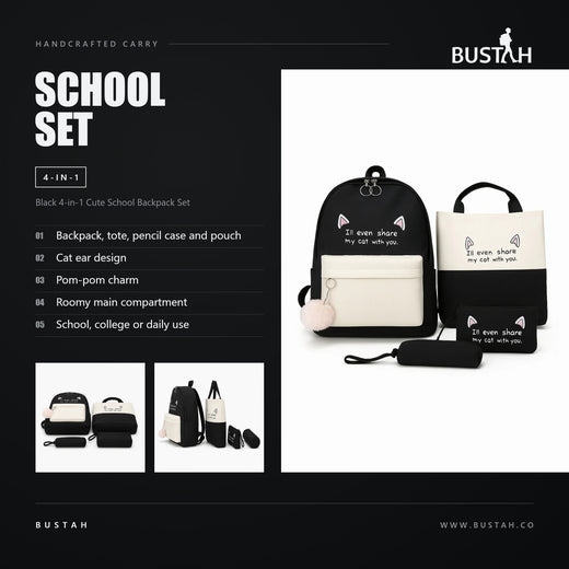 Bustah black 4-in-1 cute school backpack set with cat ear design - backpack with pom-pom charm, tote, pencil case and pouch