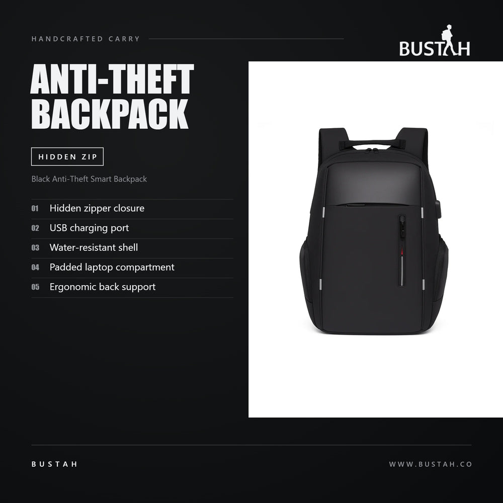 Bustah black anti-theft smart backpack with hidden zipper closure, USB charging port, water-resistant shell and padded laptop compartment