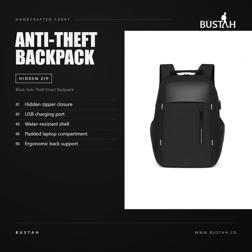 Bustah black anti-theft smart backpack with hidden zipper closure, USB charging port, water-resistant shell and padded laptop compartment