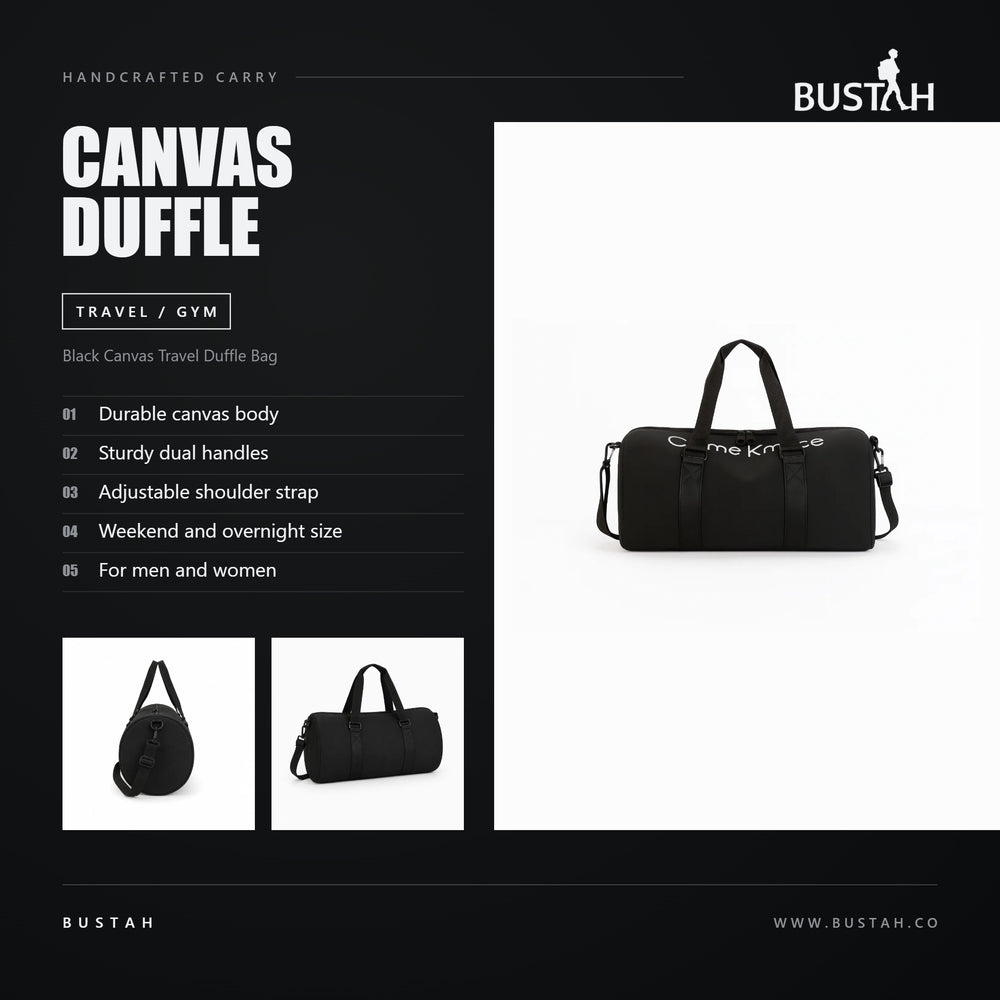 Bustah black canvas travel duffle bag with sturdy dual handles and adjustable shoulder strap, sized for weekend and overnight trips