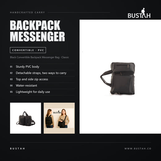 Bustah black convertible backpack messenger bag in sturdy PVC with detachable straps, top and side zip access, water-resistant