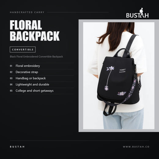 Bustah black floral embroidered convertible backpack for women, worn as a handbag or backpack, lightweight and durable