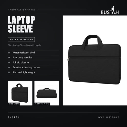 Bustah black laptop sleeve bag with water-resistant shell, soft carry handles, full zip closure and exterior accessory pocket