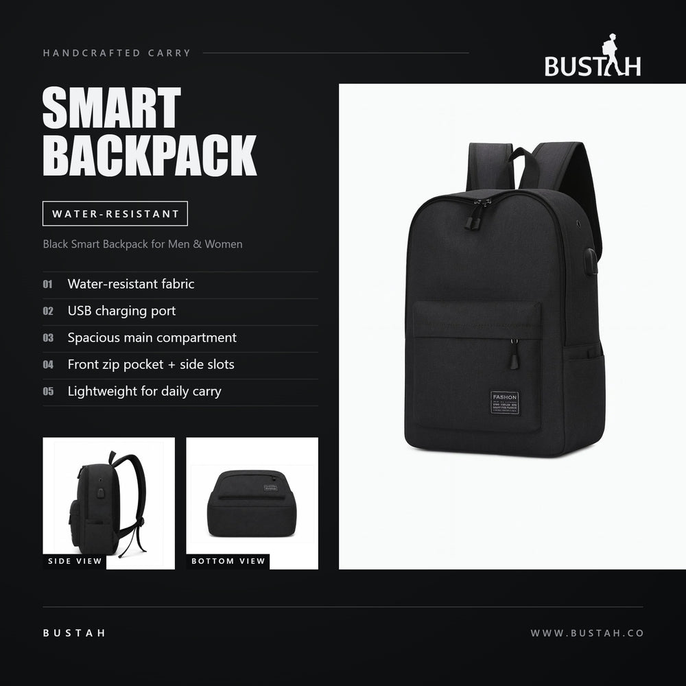 Bustah black water-resistant smart laptop backpack with front zip pocket and side bottle slots