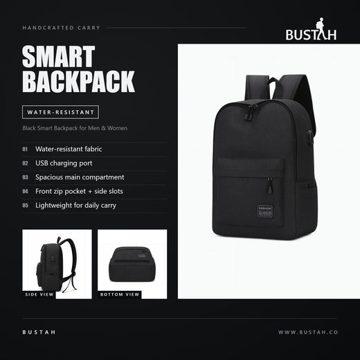 Black Smart Backpack for Men & Women – Water-Resistant Design