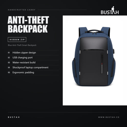Bustah blue anti-theft smart backpack with hidden zipper design, USB charging port, water-resistant build and shockproof laptop compartment